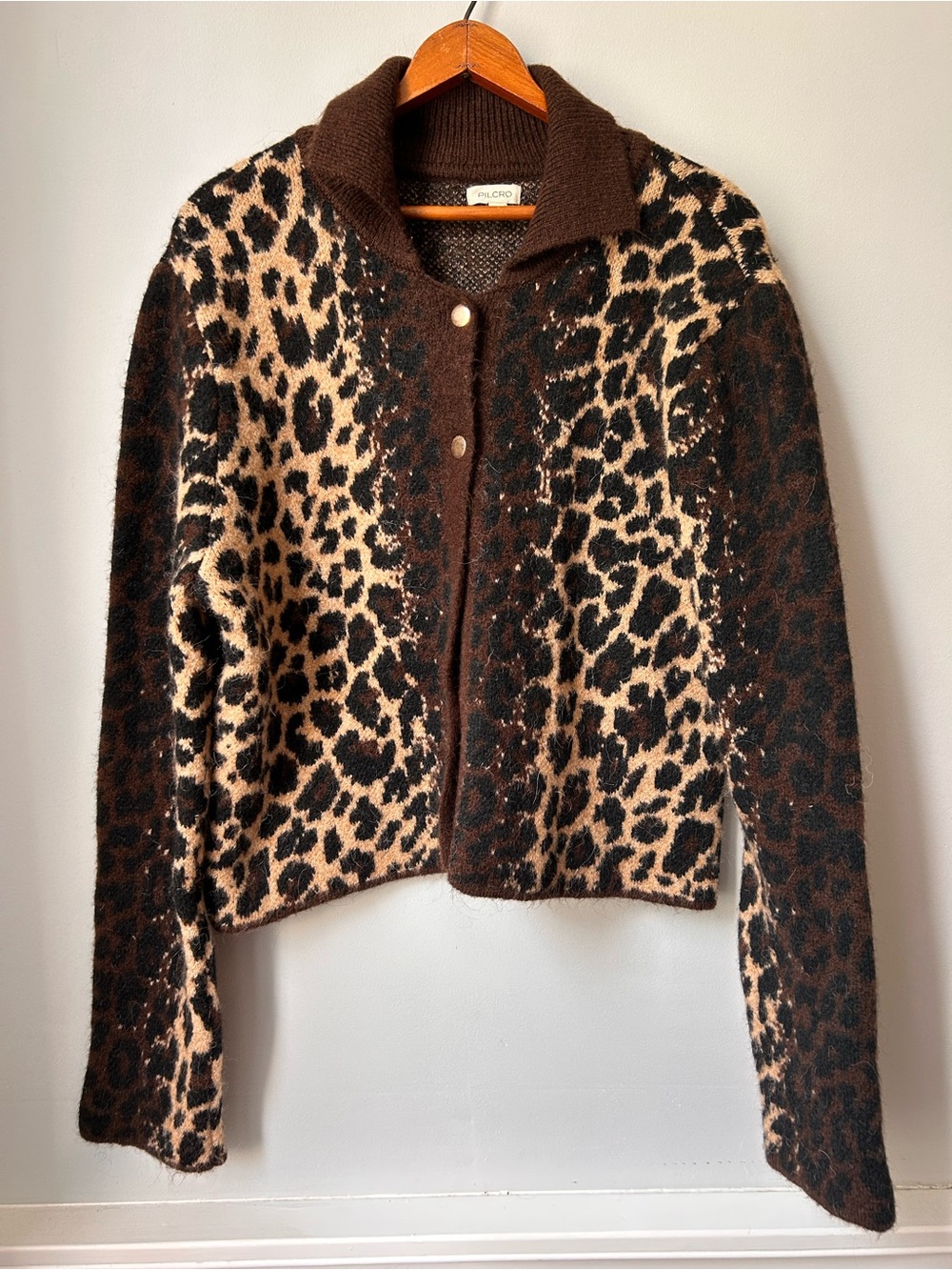 Anthropologie PILCRO Cheetah Cardigan Sweater Women's Brown LG Wool Blend